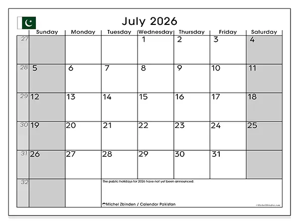 Printable July 2026 calendar - Pakistan