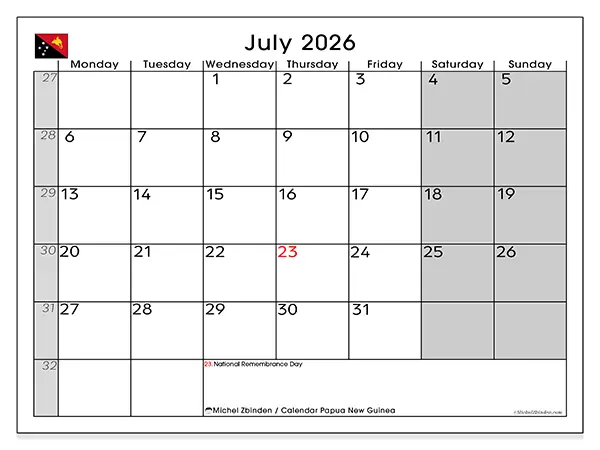 Printable July 2026 calendar - Papua New Guinea