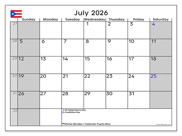 Printable July 2026 calendar - Puerto Rico