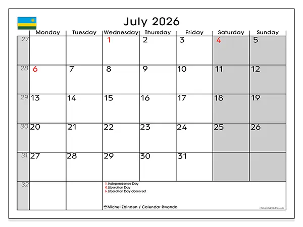 Printable July 2026 calendar - Rwanda