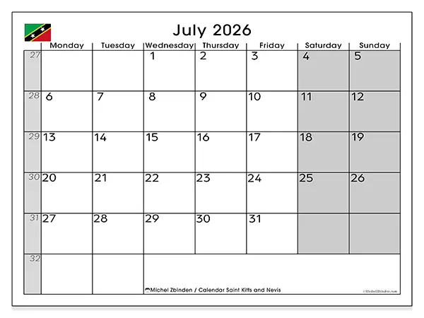Printable July 2026 calendar - Saint Kitts and Nevis