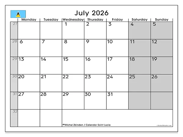 Printable July 2026 calendar - Saint Lucia