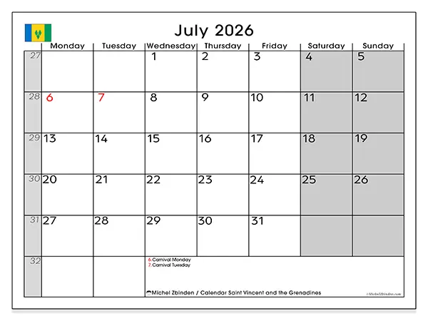 Printable July 2026 calendar - Saint Vincent and the Grenadines