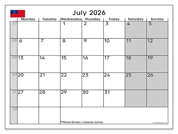 Printable July 2026 calendar - Samoa