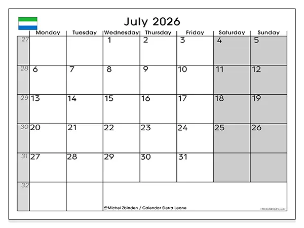Printable July 2026 calendar - Sierra Leone