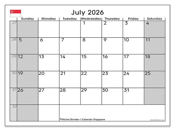 Printable July 2026 calendar - Singapore