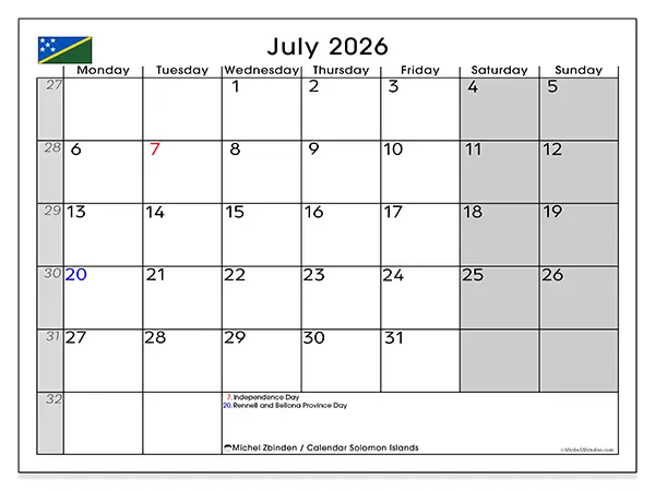 Printable July 2026 calendar - Solomon Islands
