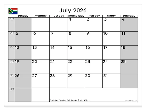 Printable July 2026 calendar - South Africa