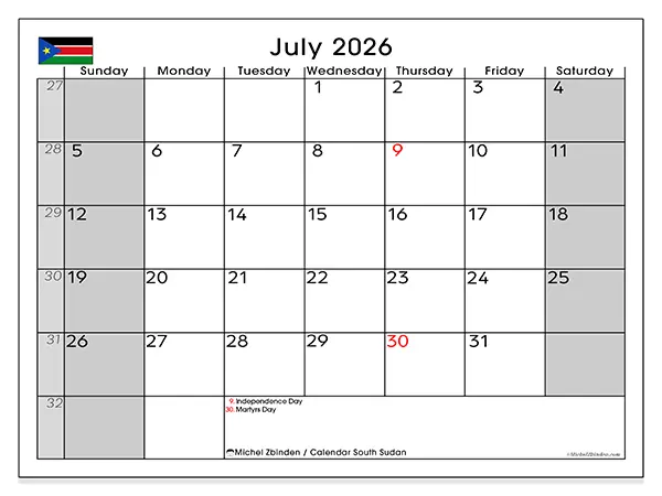 Printable July 2026 calendar - South Sudan