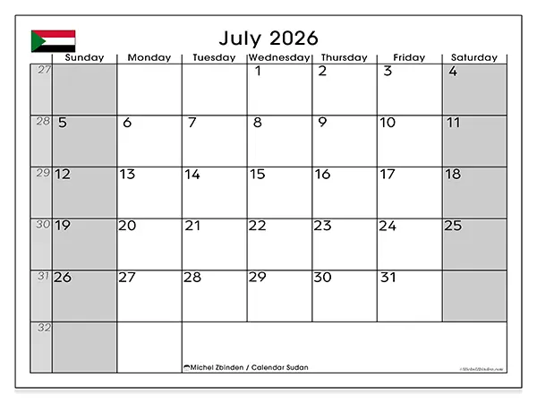 Printable July 2026 calendar - Sudan