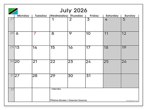 Printable July 2026 calendar - Tanzania