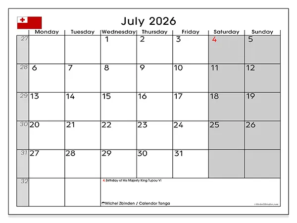 Printable July 2026 calendar - Tonga