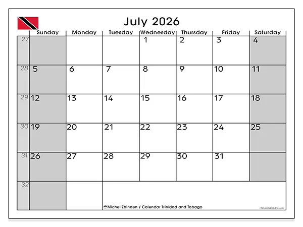Printable July 2026 calendar - Trinidad and Tobago