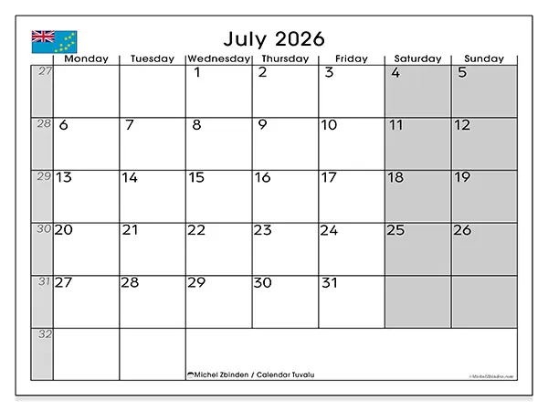 Printable July 2026 calendar - Tuvalu