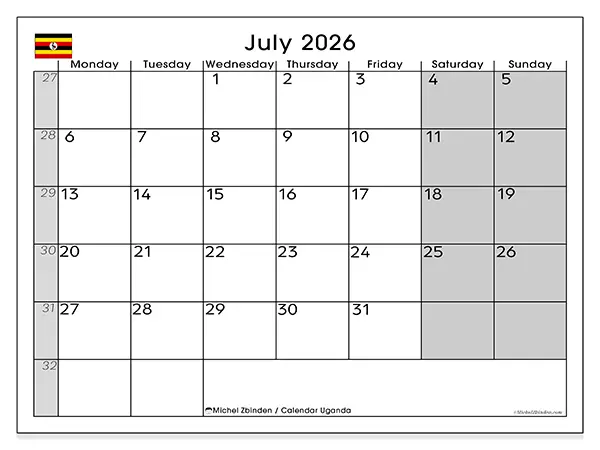 Printable July 2026 calendar - Uganda