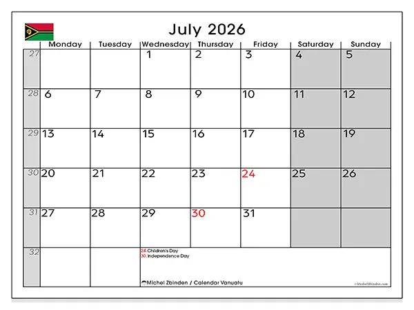 Printable July 2026 calendar - Vanuatu