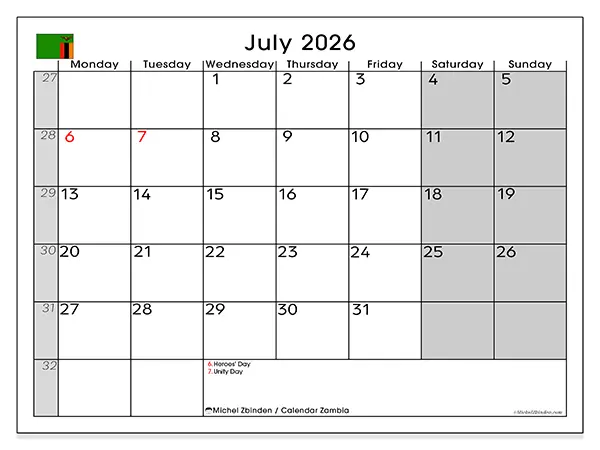Printable July 2026 calendar - Zambia