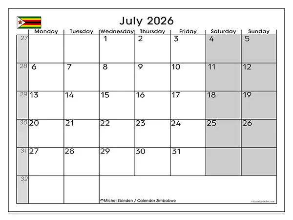 Printable July 2026 calendar - Zimbabwe