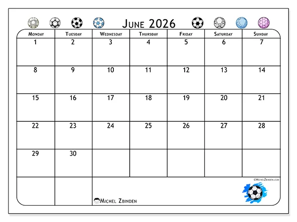 Printable June 2026 calendar - Soccer passion