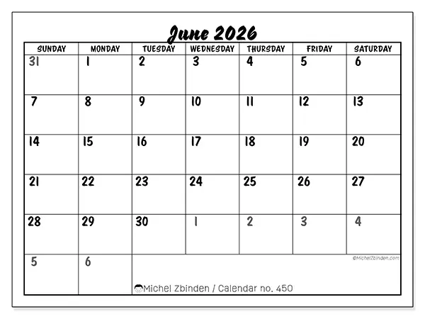 Printable June 2026 calendar - Detailed organization - Week from Sunday to Saturday