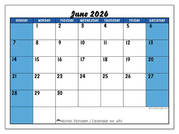 Printable June 2026 calendar - Dynamic organization - Week from Sunday to Saturday