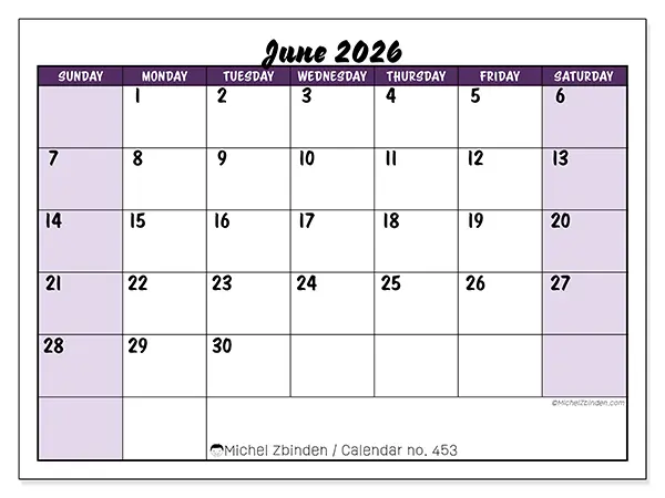 Printable June 2026 calendar - Colorful efficiency - Week from Sunday to Saturday