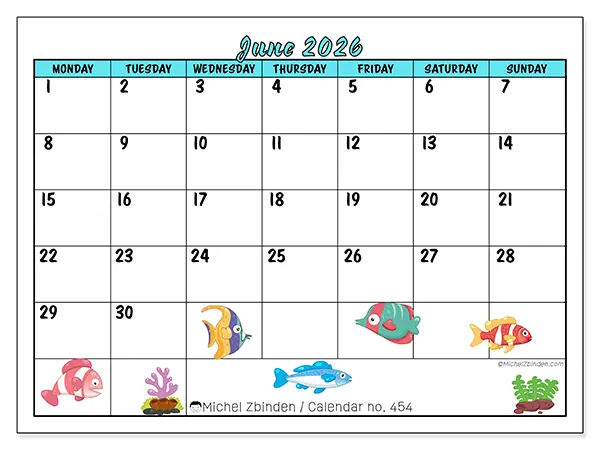 Printable June 2026 calendar - Colorful fish