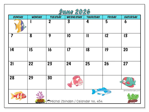 Printable June 2026 calendar - Colorful fish - Week from Sunday to Saturday