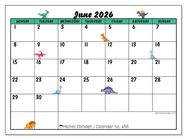 Printable June 2026 calendar - Little dinosaurs