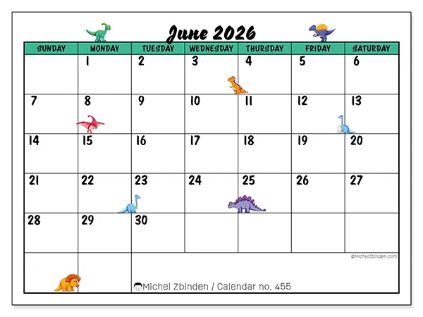 Printable June 2026 calendar - Little dinosaurs - Week from Sunday to Saturday