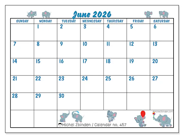 Printable June 2026 calendar - Little elephants - Week from Sunday to Saturday