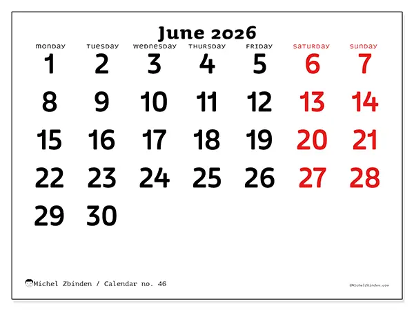 Printable June 2026 calendar - Clear vision