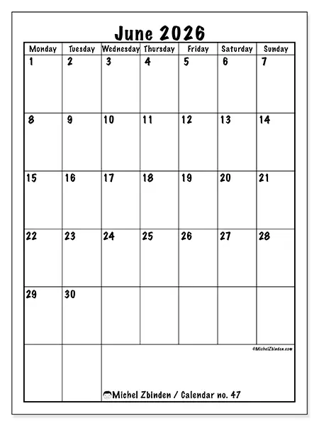 Printable June 2026 calendar - Efficient planning