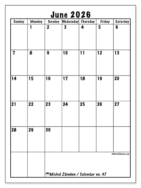 Printable June 2026 calendar - Efficient planning - Week from Sunday to Saturday
