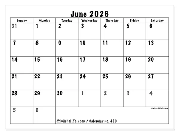 Printable June 2026 calendar - Complete planning - Week from Sunday to Saturday