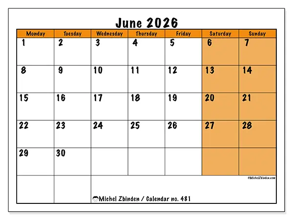 Printable June 2026 calendar - Dynamic planning