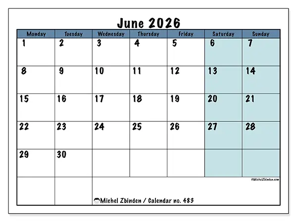 Printable June 2026 calendar - Structured for school