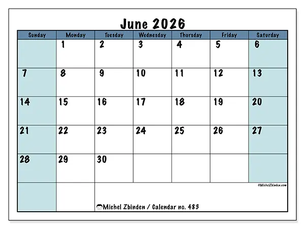 Printable June 2026 calendar - Structured for school - Week from Sunday to Saturday