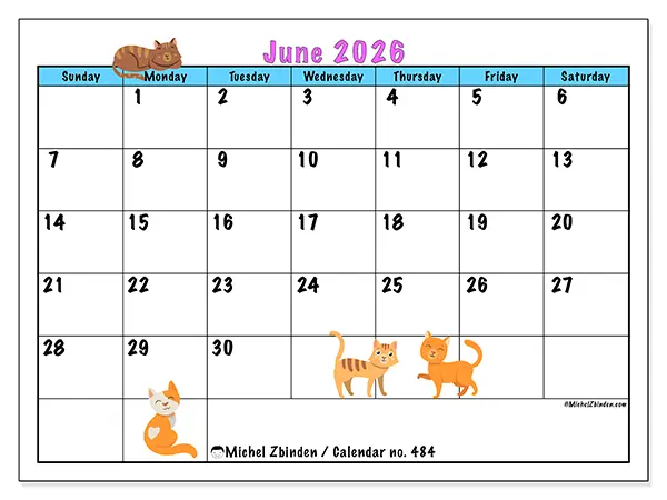 Printable June 2026 calendar - Love of cats - Week from Sunday to Saturday