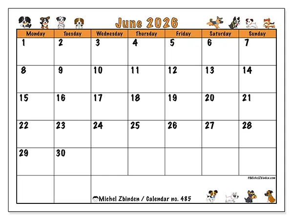 Printable June 2026 calendar - Enthusiastic dogs