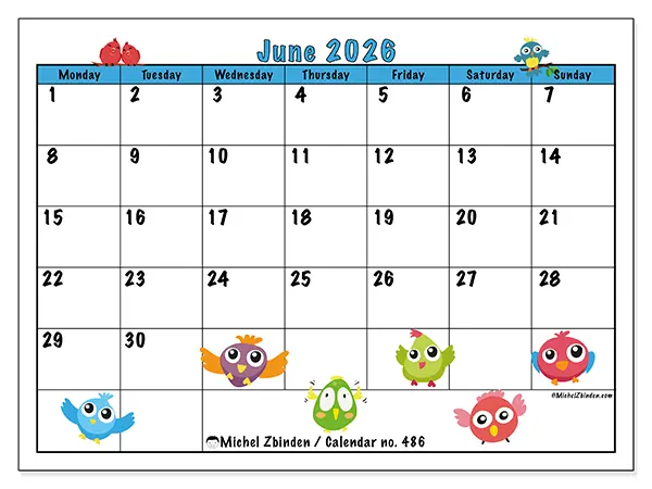 Printable June 2026 calendar - Funny birds