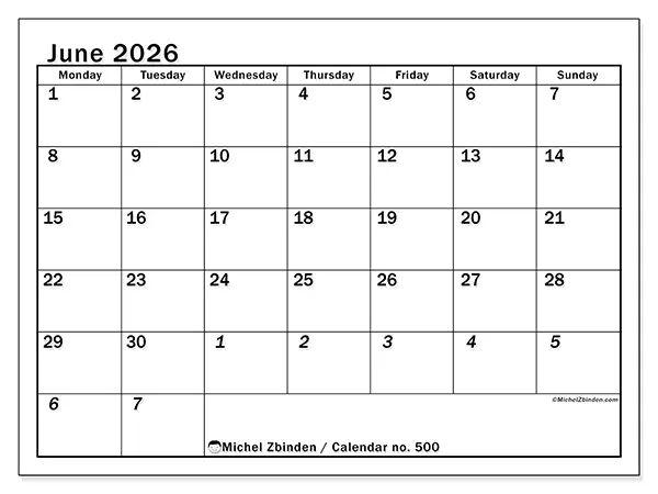 Printable June 2026 calendar - Intensive planning