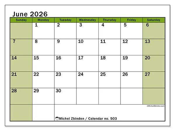 Printable June 2026 calendar - Lively organization - Week from Sunday to Saturday