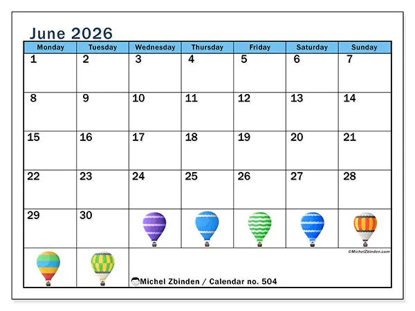 Printable June 2026 calendar - Hot air balloons