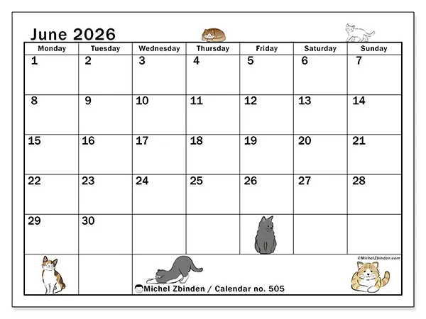 Printable June 2026 calendar - Cat life