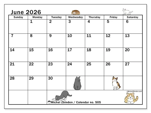 Printable June 2026 calendar - Cat life - Week from Sunday to Saturday