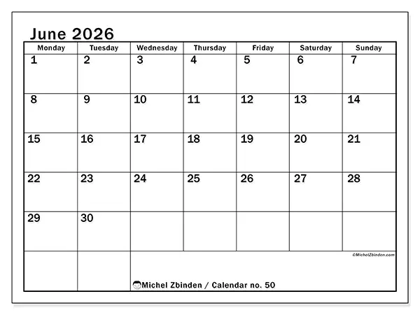 Printable June 2026 calendar - Optimal planning