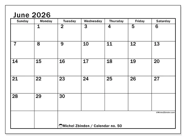 Printable June 2026 calendar - Optimal planning - Week from Sunday to Saturday
