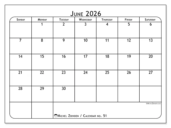 Printable June 2026 calendar - Meal planner - Week from Sunday to Saturday