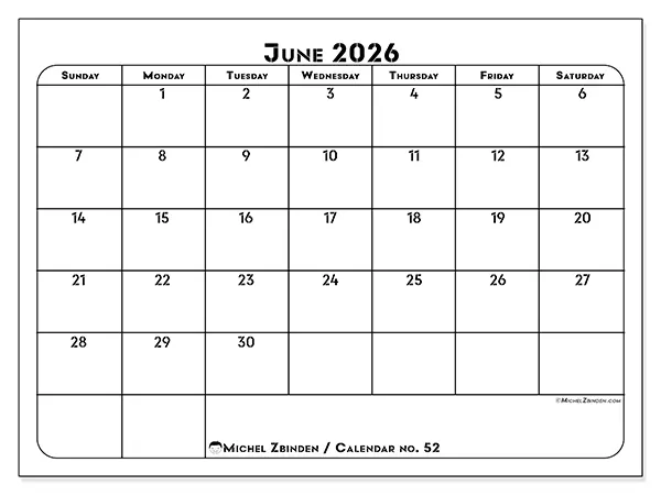 Printable June 2026 calendar - Professional organization - Week from Sunday to Saturday